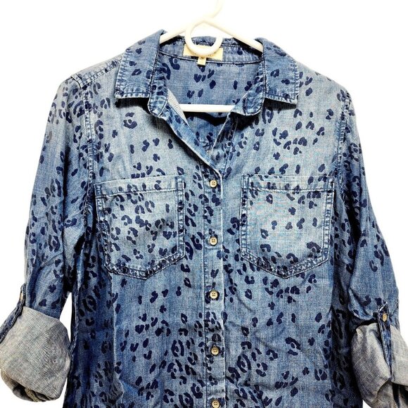 Side Stitch woman Blue Leopard Print Lyocell long Sleeve Shirt Size XS - Picture 13 of 13